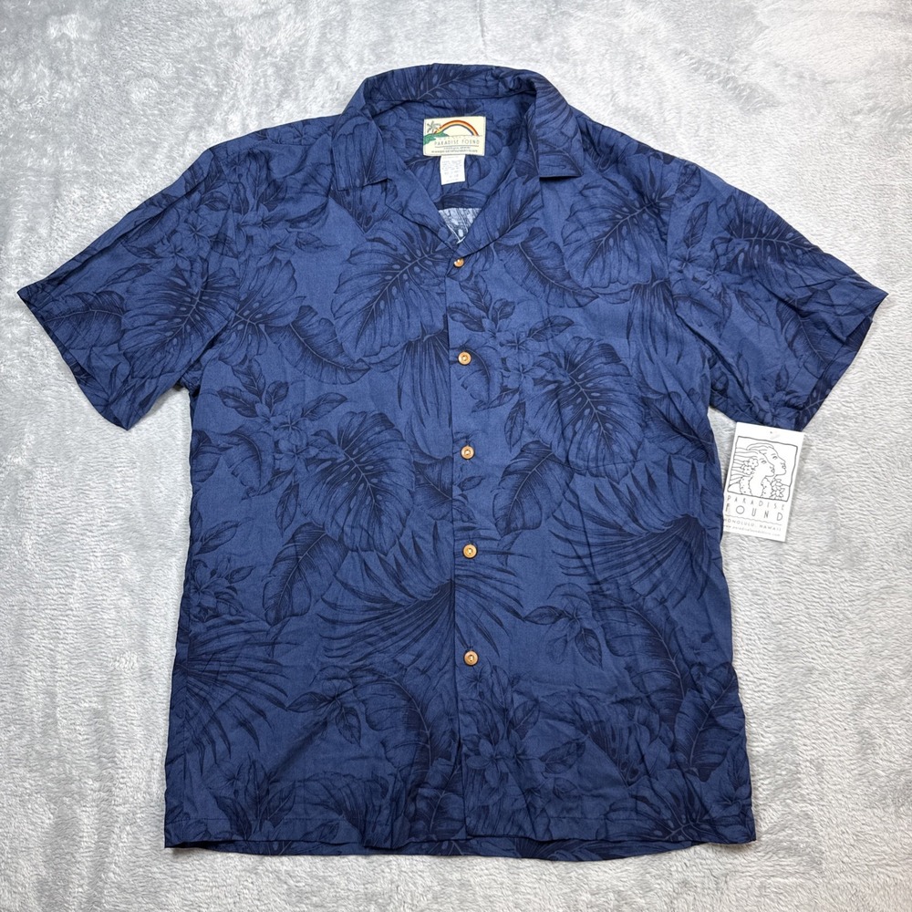 Paradise‎ Found Shirt Mens Medium Blue Palm Tree Monstera Hawaiian Rayon NWT